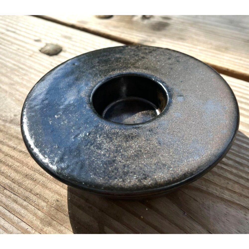 Vintage Black  Discus Shape Ceramic Votive Candle Holder Modern Simple Brutalist